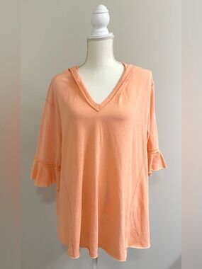 Easel Womens L Solid Orange Hooded V-Neck Top Boho Lightweight Cottagecore